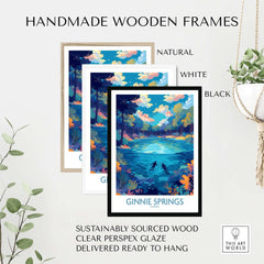 Handmade wooden frames for Ginnie Springs Florida Underwater Diver Art Print | Snorkelling Cave Poster, available in natural, white, and black.