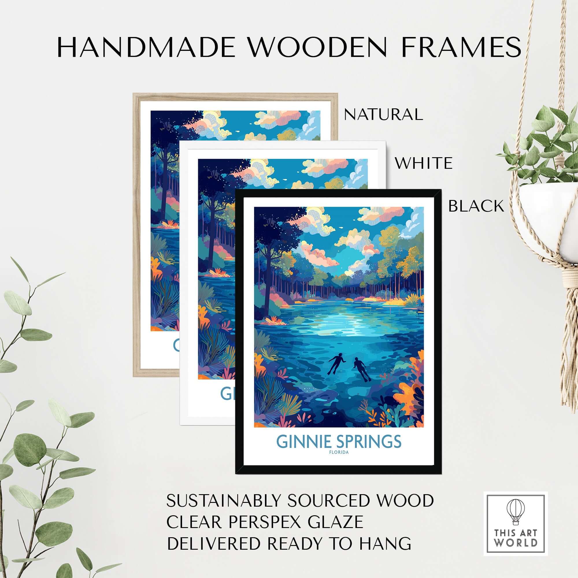 Handmade wooden frames for Ginnie Springs Florida Underwater Diver Art Print | Snorkelling Cave Poster, available in natural, white, and black.