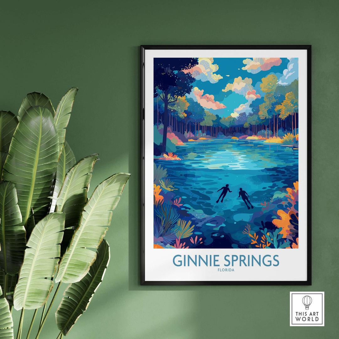 Ginnie Springs Florida Underwater Diver Art Print | Snorkelling Cave Poster featuring vibrant underwater scene with snorkelers.