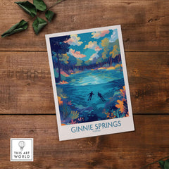 Ginnie Springs Florida Underwater Diver Art Print | Snorkelling Cave Poster featuring snorkelers in a vibrant natural setting.