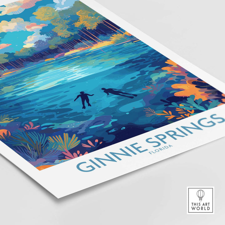 Ginnie Springs Florida Underwater Diver Art Print | Snorkelling Cave Poster showcasing snorkelers in vibrant underwater scene.