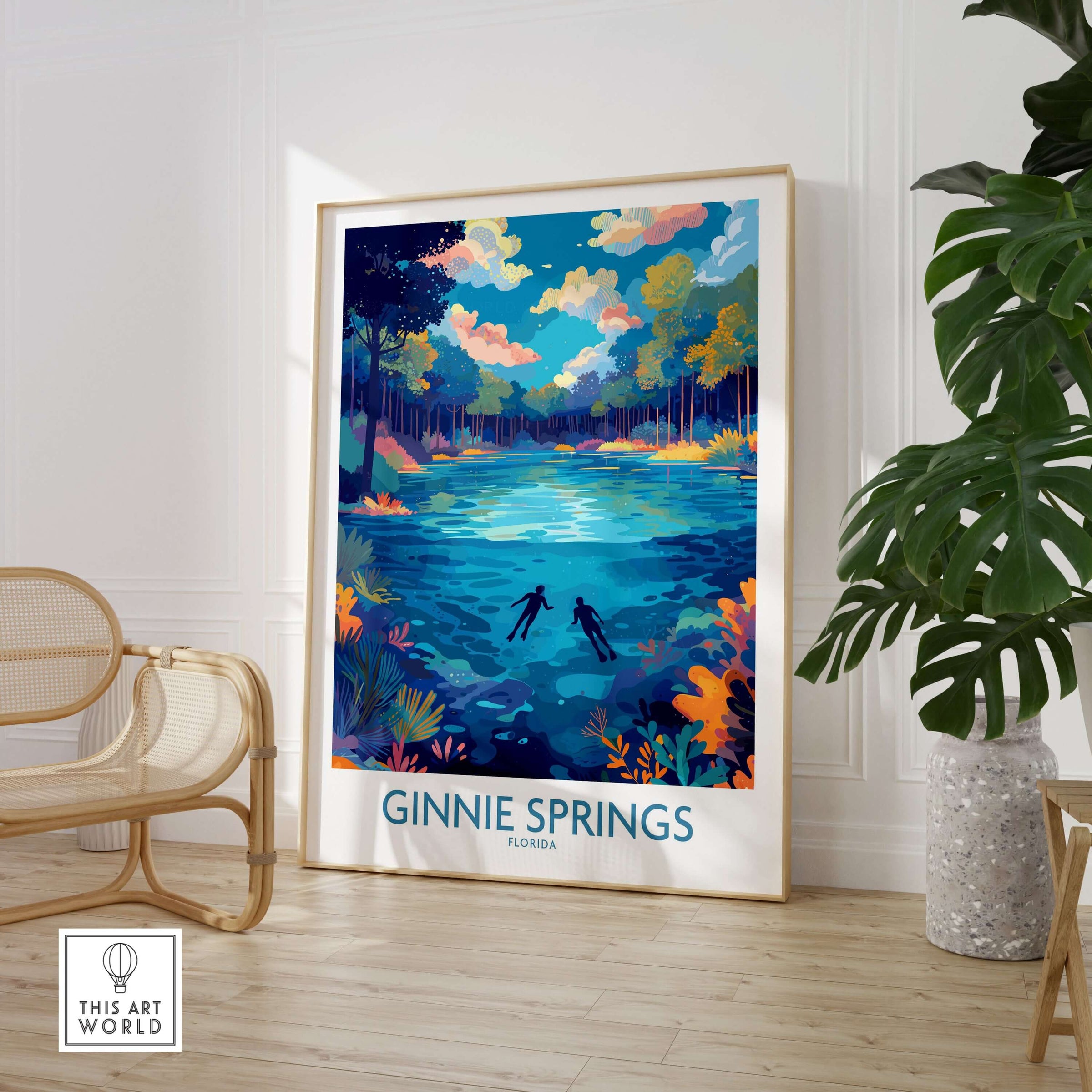 Ginnie Springs Florida Underwater Diver Art Print | Snorkelling Cave Poster showcasing two snorkelers in a vibrant natural setting.