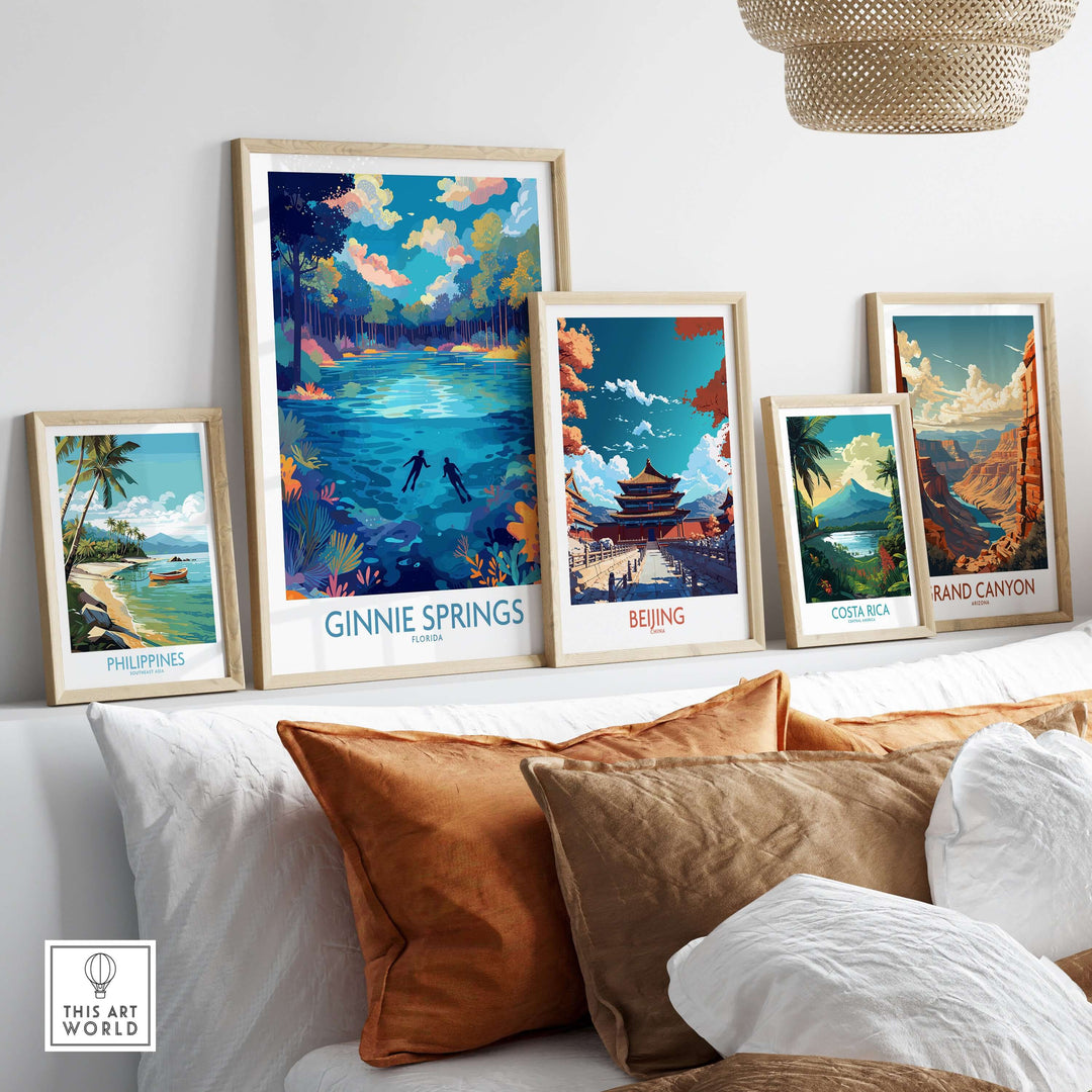 Ginnie Springs Florida Underwater Diver Art Print | Snorkelling Cave Poster displayed among travel art prints at home decor.