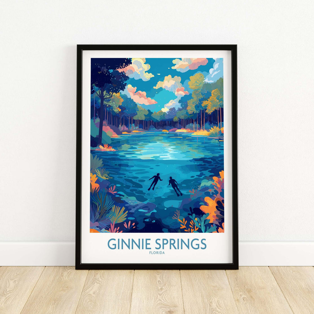 Ginnie Springs Florida Underwater Diver Art Print | Snorkelling Cave Poster featuring vibrant aquatic landscape.