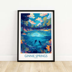 Ginnie Springs Florida Underwater Diver Art Print | Snorkelling Cave Poster featuring snorkelers in vibrant underwater scenery.