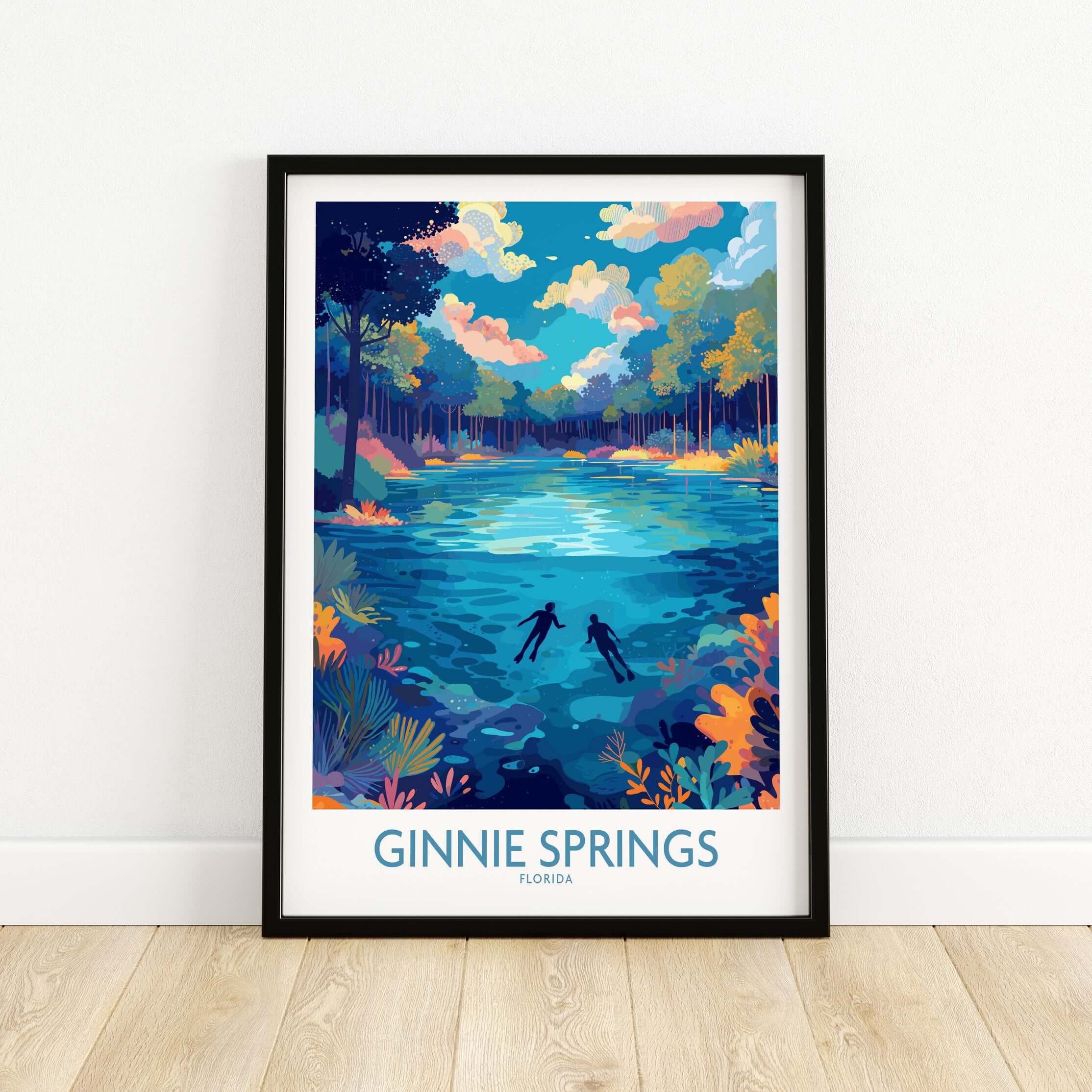 Ginnie Springs Florida Underwater Diver Art Print | Snorkelling Cave Poster featuring snorkelers in vibrant underwater scenery.