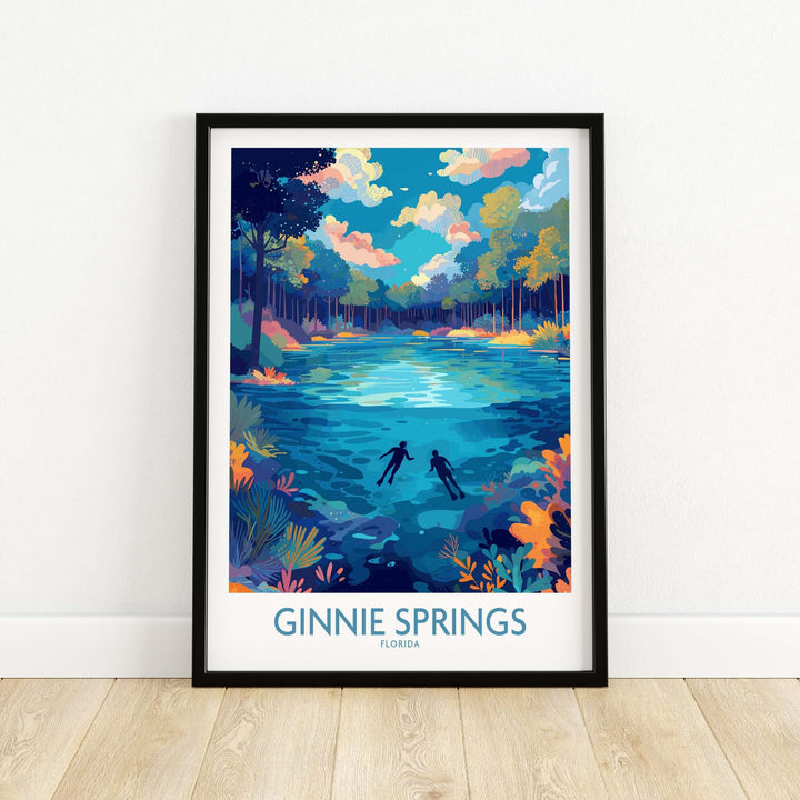 Ginnie Springs Florida Underwater Diver Art Print | Snorkelling Cave Poster featuring vibrant aquatic landscape.