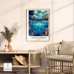 Ginnie Springs Florida Underwater Diver Art Print | Snorkelling Cave Poster displayed in a cozy living room setting.