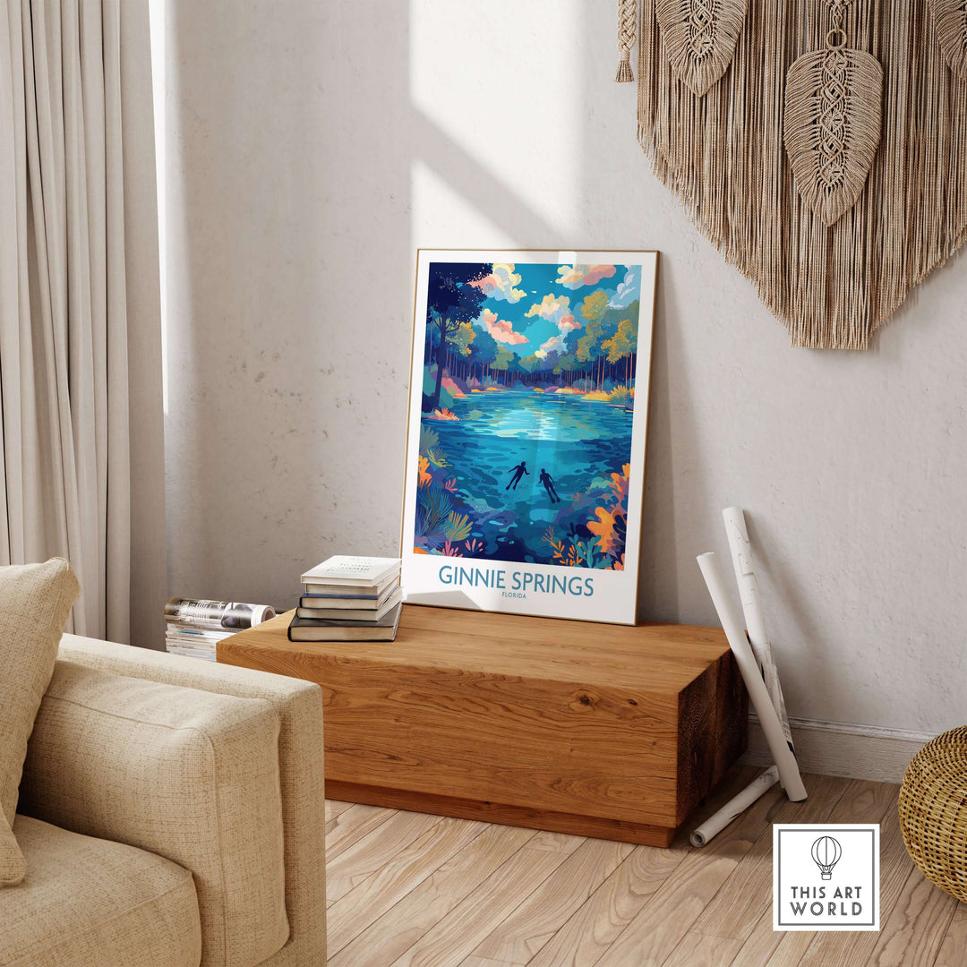 Ginnie Springs Florida Underwater Diver Art Print | Snorkelling Cave Poster displayed in a cozy living room setting.