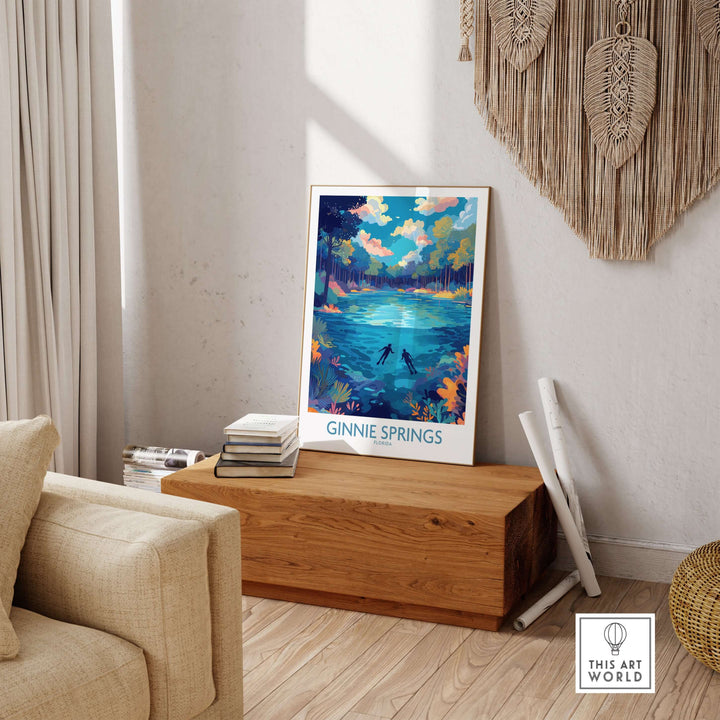 Ginnie Springs Florida Underwater Diver Art Print | Snorkelling Cave Poster displayed in a cozy living room setting.