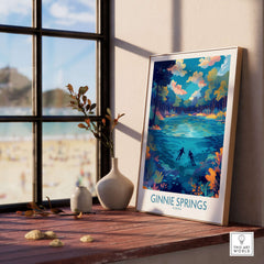 Ginnie Springs Florida Underwater Diver Art Print | Snorkelling Cave Poster displayed in a cozy interior with nature view.