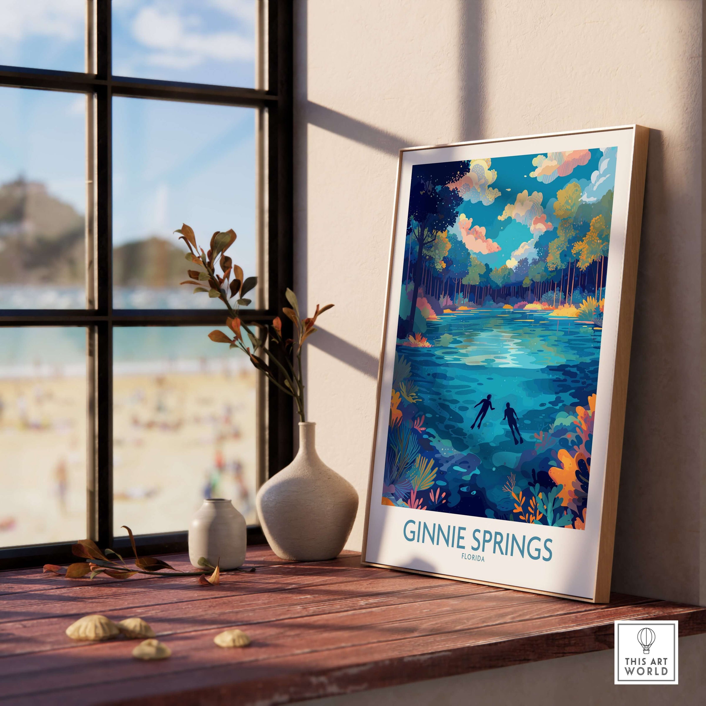 Ginnie Springs Florida Underwater Diver Art Print | Snorkelling Cave Poster displayed in a cozy interior with nature view.