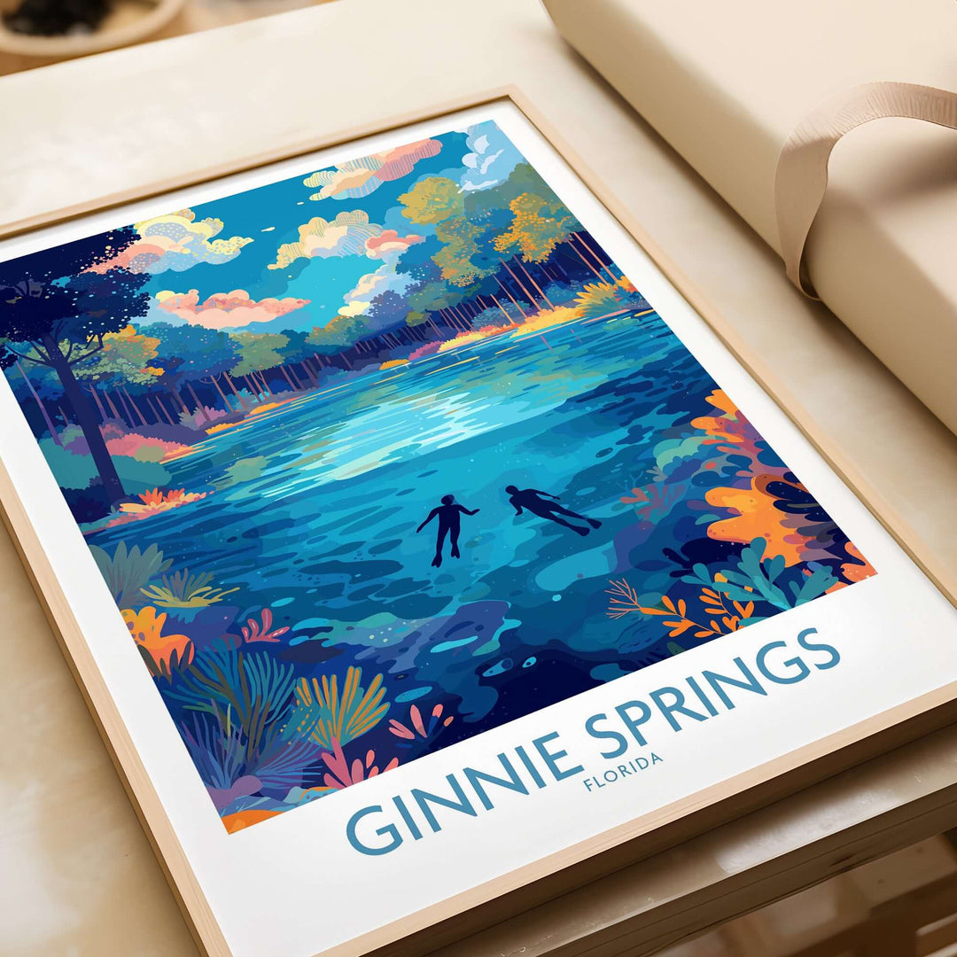 Ginnie Springs Florida Underwater Diver Art Print | Snorkelling Cave Poster featuring vibrant underwater scene.