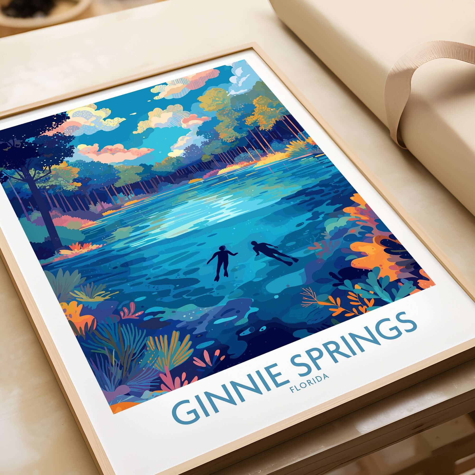 Ginnie Springs Florida Underwater Diver Art Print | Snorkelling Cave Poster featuring vibrant colors and underwater scenery.
