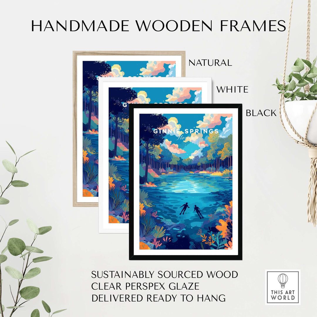 Ginnie Springs Colorful Springs Landscape Print | Florida Wall Art displayed in handmade wooden frames in natural, white, and black.