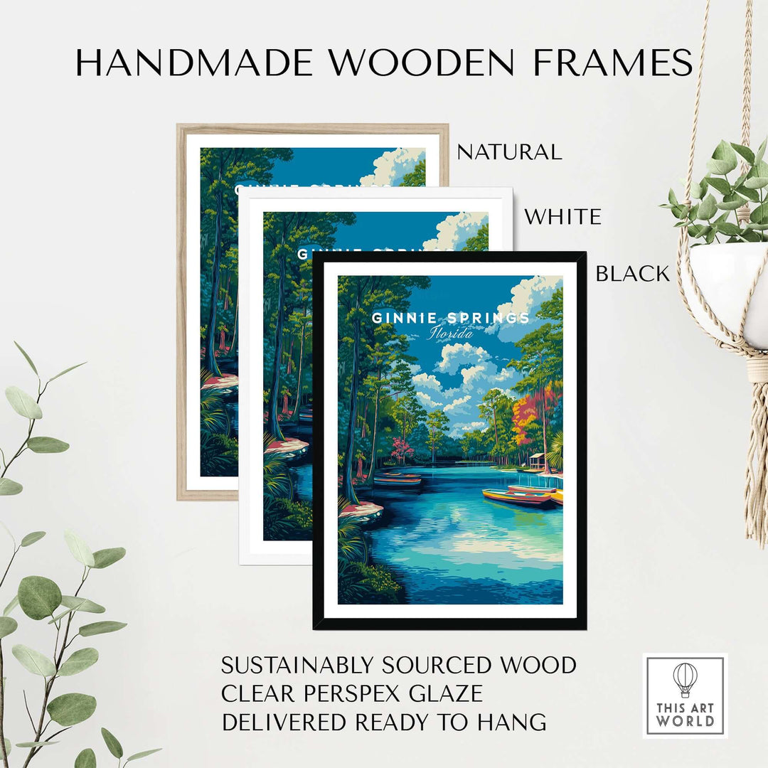 Ginnie Springs Kayaking Nature View Print | Blue Water Home Decor displayed in handmade wooden frames.