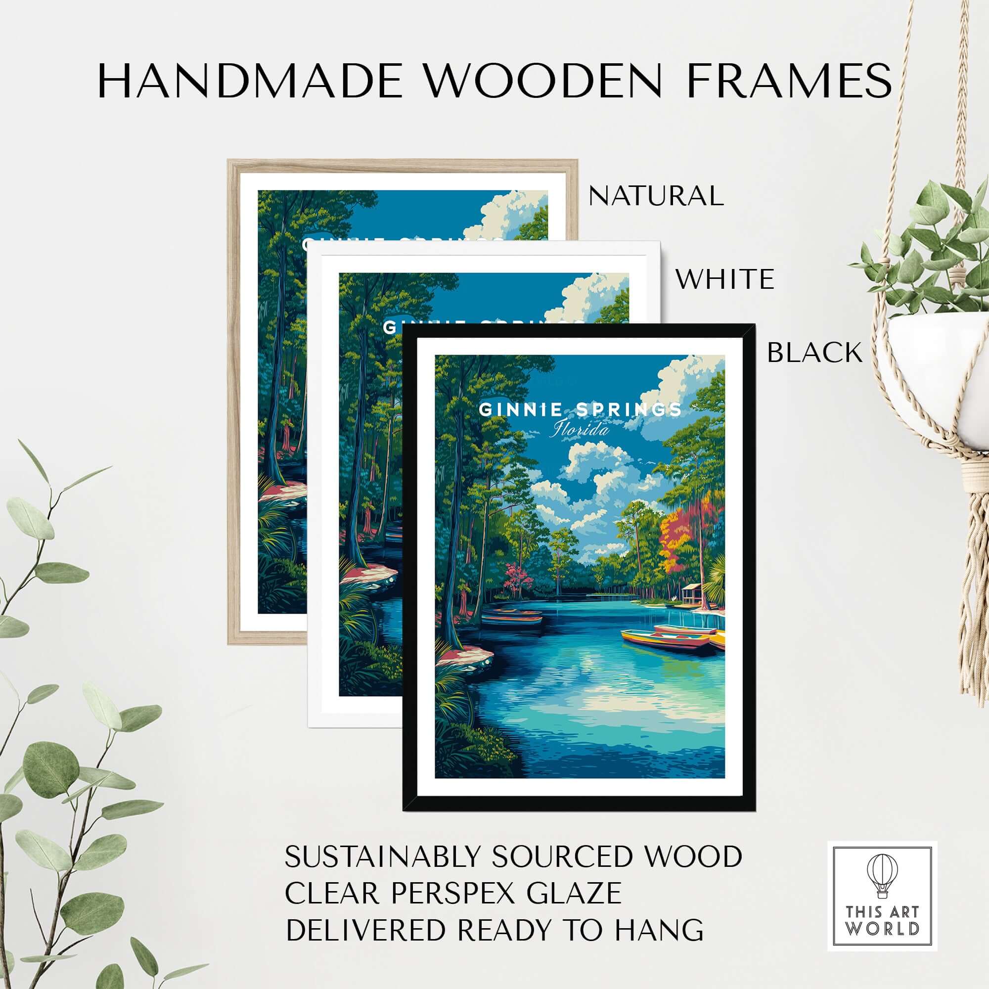 Ginnie Springs Kayaking Nature View Print | Blue Water Home Decor with handmade wooden frames in natural, white, and black.