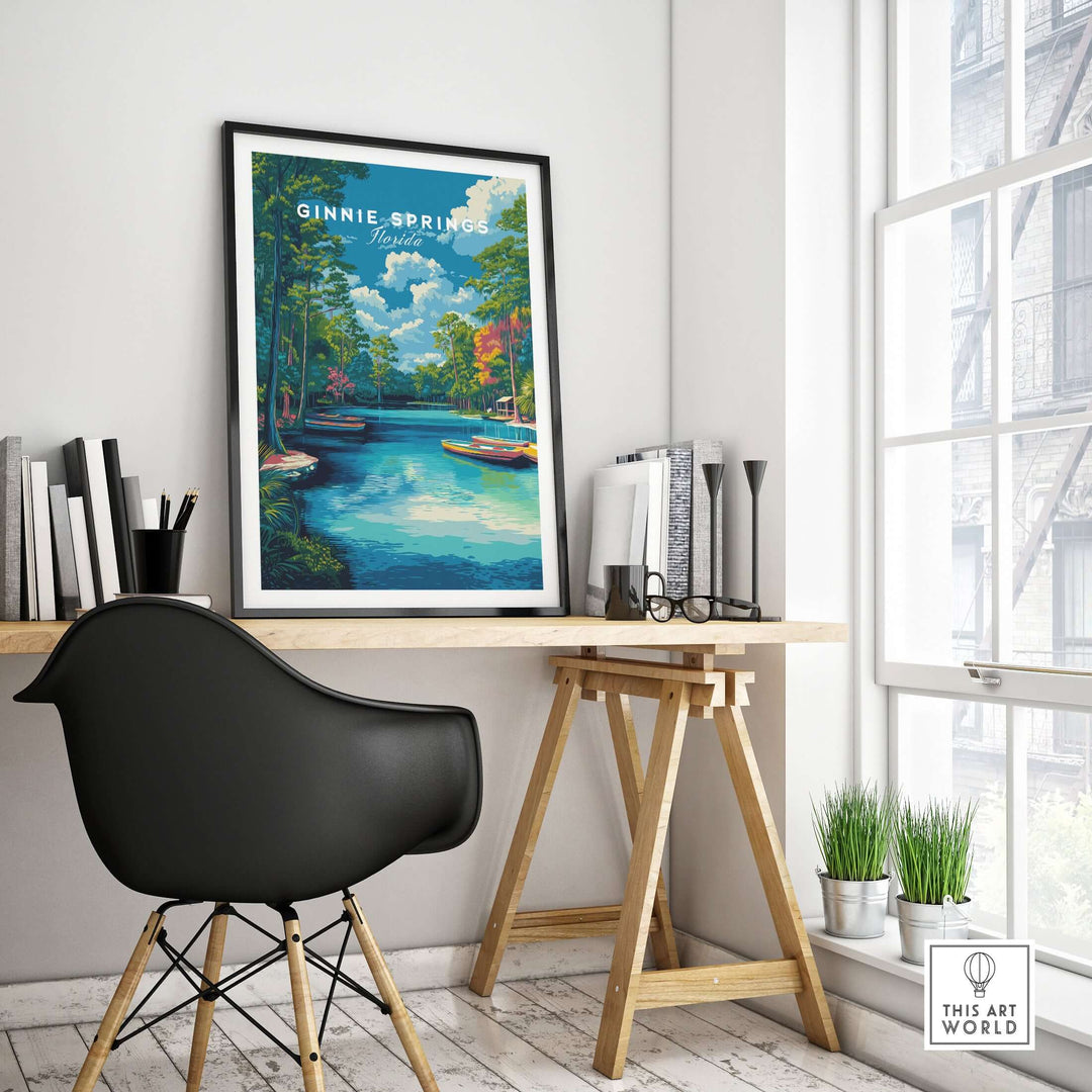 Ginnie Springs Kayaking Nature View Print | Blue Water Home Decor displayed on a modern office desk with natural light.