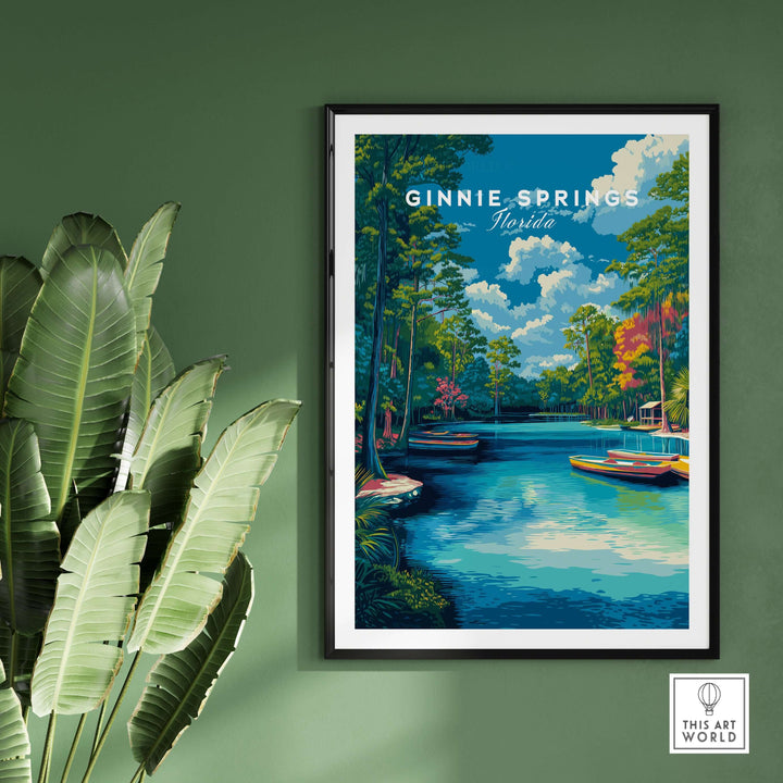 Ginnie Springs Kayaking Nature View Print | Blue Water Home Decor on a green wall, showcasing serene blue waters and lush trees.