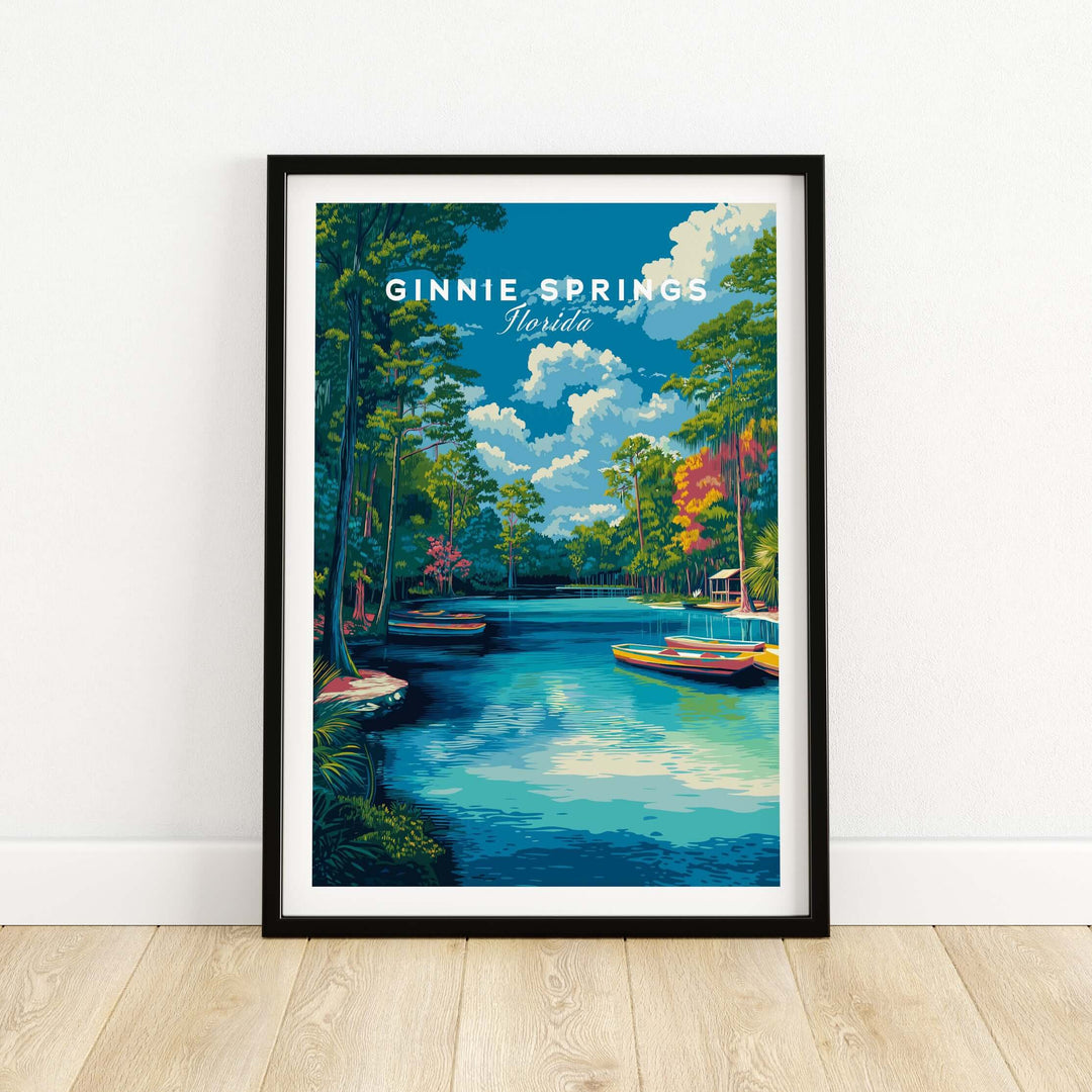 Ginnie Springs Kayaking Nature View Print | Blue Water Home Decor featuring serene blue waters and lush trees in a framed print.