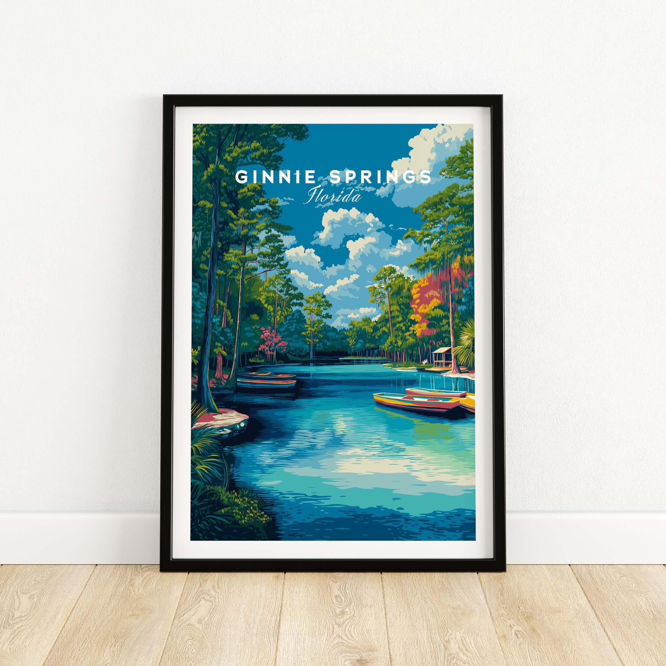 Ginnie Springs Kayaking Nature View Print | Blue Water Home Decor showcasing vibrant blue waters and lush nature.