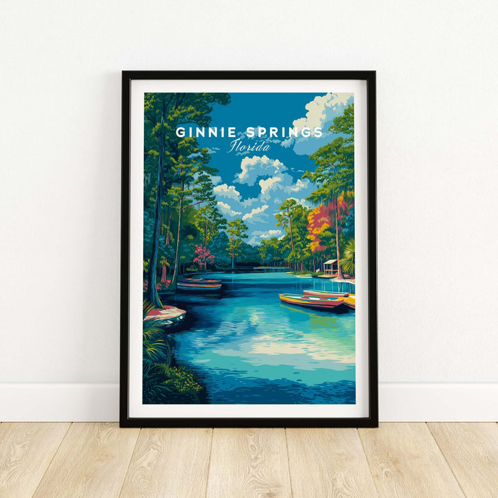 Ginnie Springs Kayaking Nature View Print | Blue Water Home Decor featuring serene blue waters and lush trees in a framed print.