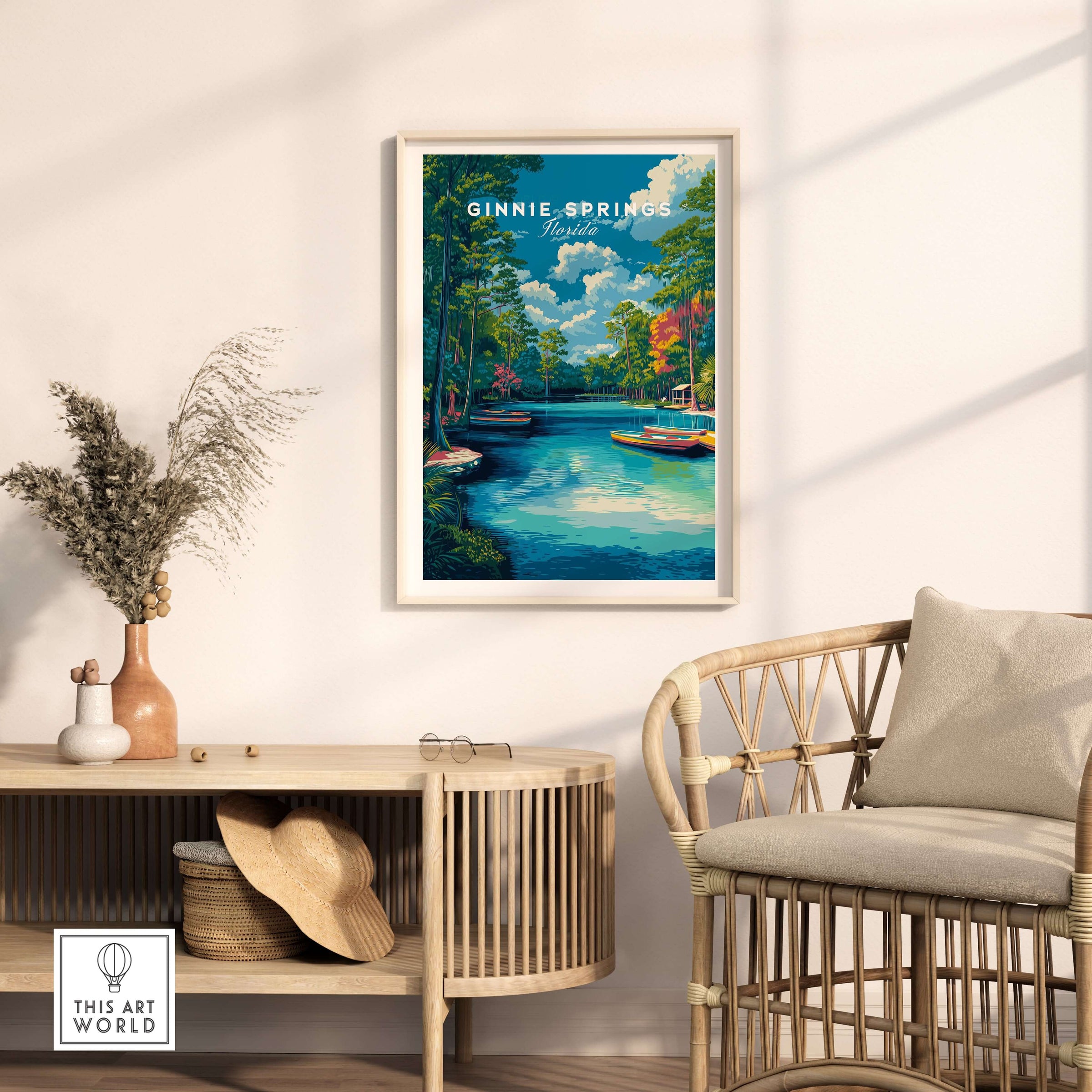 Ginnie Springs Kayaking Nature View Print | Blue Water Home Decor showcasing vibrant waters and lush trees in a stylish living space.