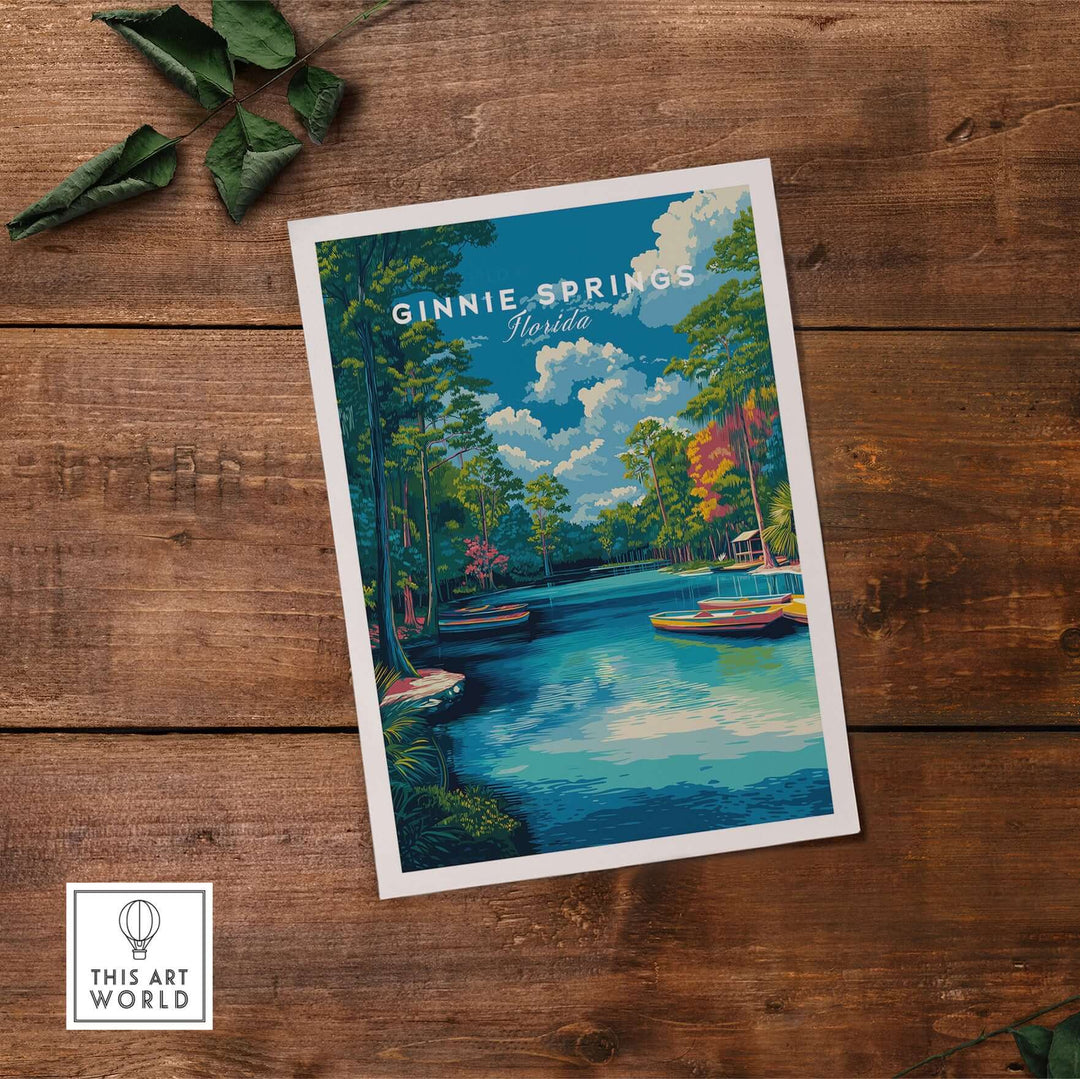 Ginnie Springs Kayaking Nature View Print | Blue Water Home Decor artwork featuring vibrant blue waters and lush greenery.