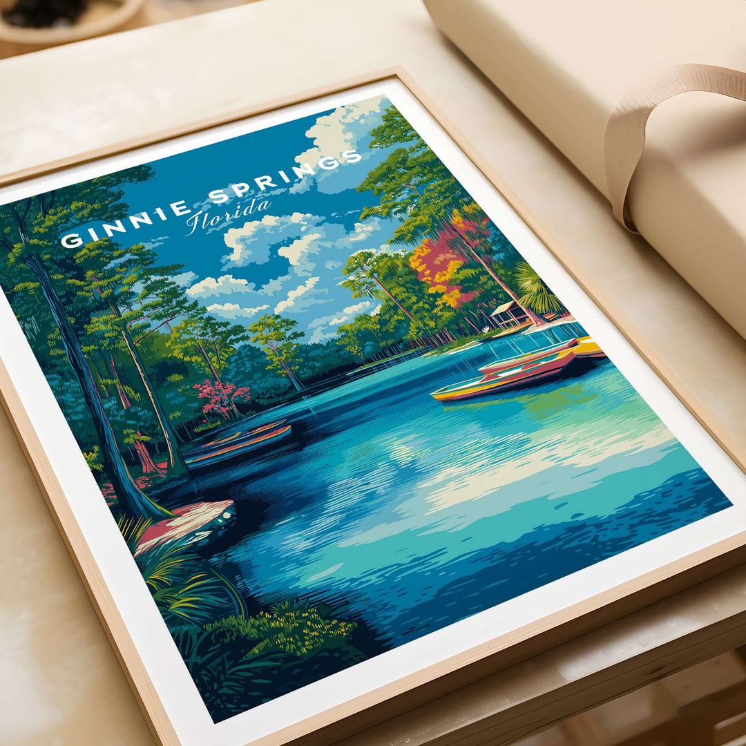 Ginnie Springs Kayaking Nature View Print | Blue Water Home Decor featuring vibrant blue waters and lush greenery.