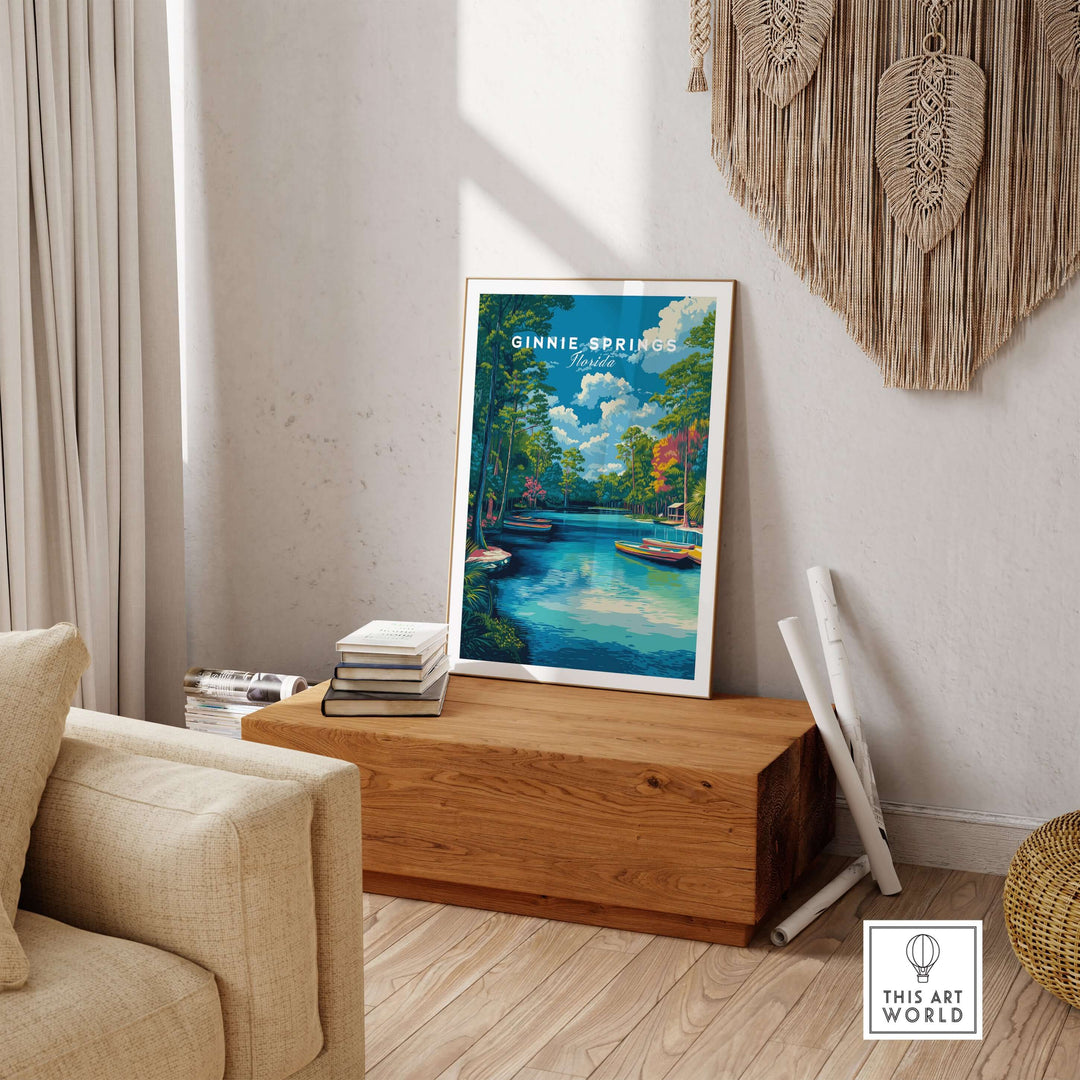 Ginnie Springs Kayaking Nature View Print | Blue Water Home Decor displayed in a cozy living room setting.