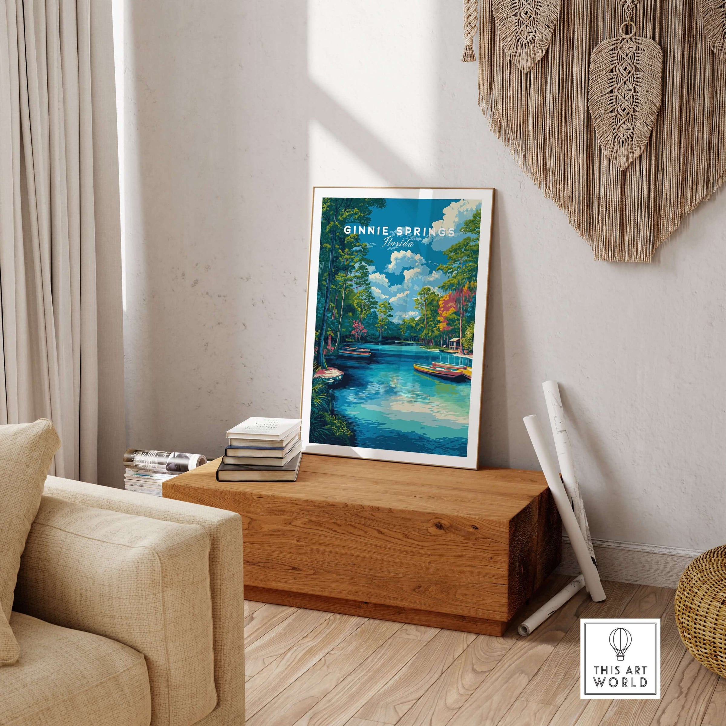 Ginnie Springs Kayaking Nature View Print | Blue Water Home Decor displayed in a cozy living room setting.