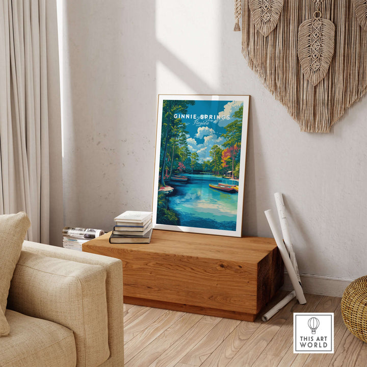 Ginnie Springs Kayaking Nature View Print | Blue Water Home Decor displayed in a cozy living room setting.