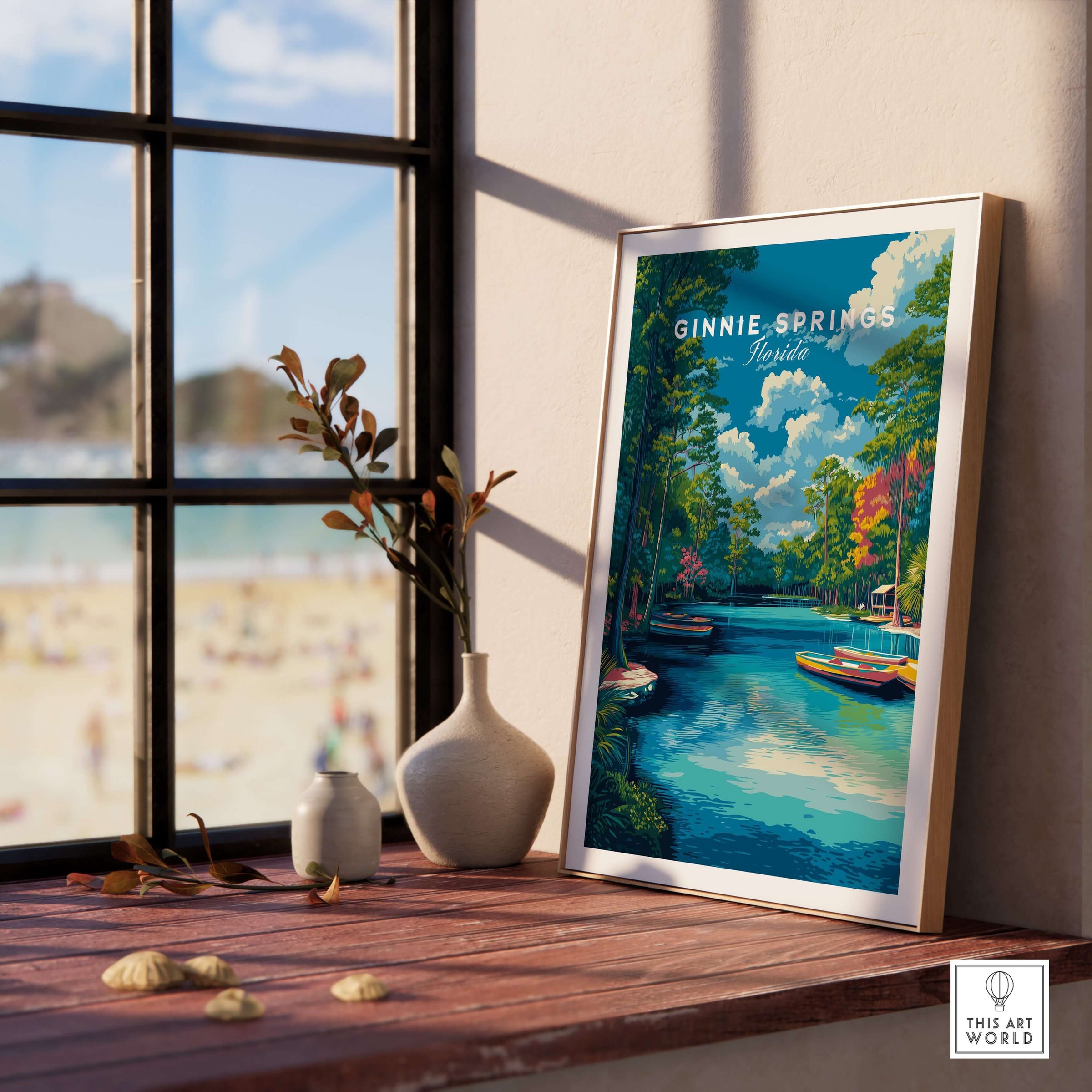 Ginnie Springs Kayaking Nature View Print | Blue Water Home Decor displayed in a bright window setting with nature scenery.