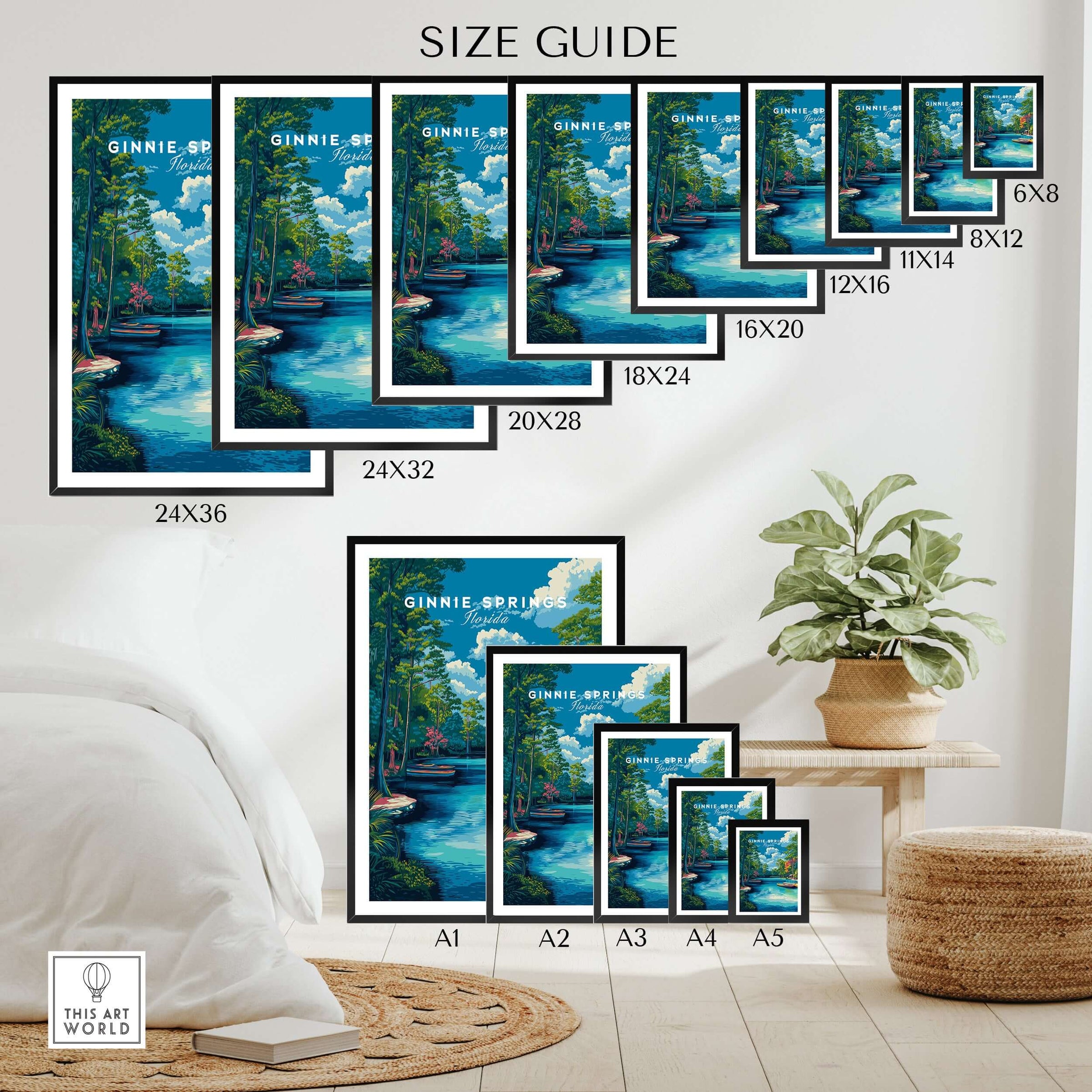 Ginnie Springs Kayaking Nature View Print | Blue Water Home Decor size guide with various frame sizes and a serene blue water background.
