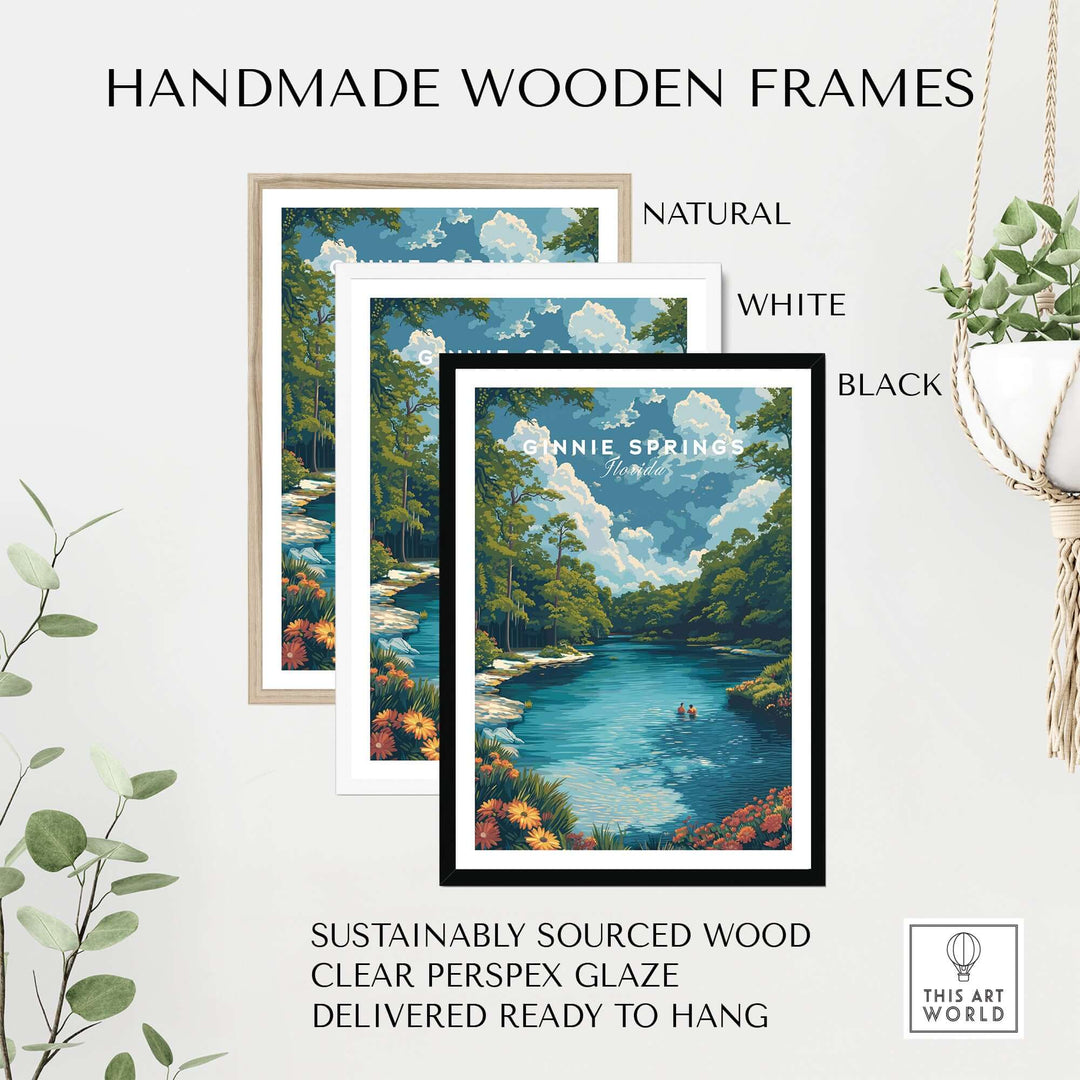 Ginnie Springs Print | Vibrant Florida Wall Decor displayed in handmade wooden frames in natural, white, and black options.