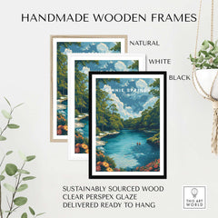 Ginnie Springs Print | Vibrant Florida Wall Decor in three handmade wooden frames: natural, white, and black.