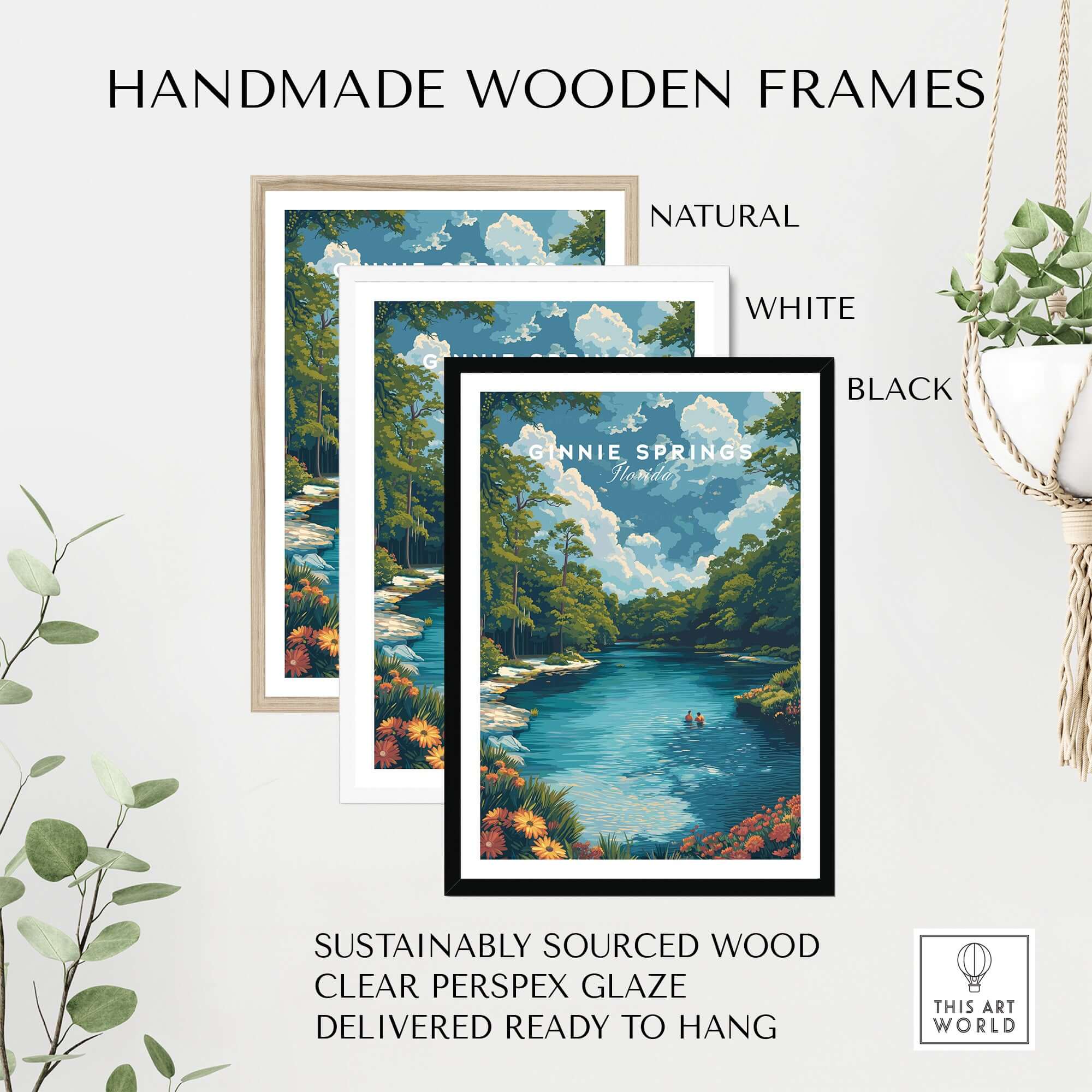 Ginnie Springs Print | Vibrant Florida Wall Decor in three handmade wooden frames: natural, white, and black.