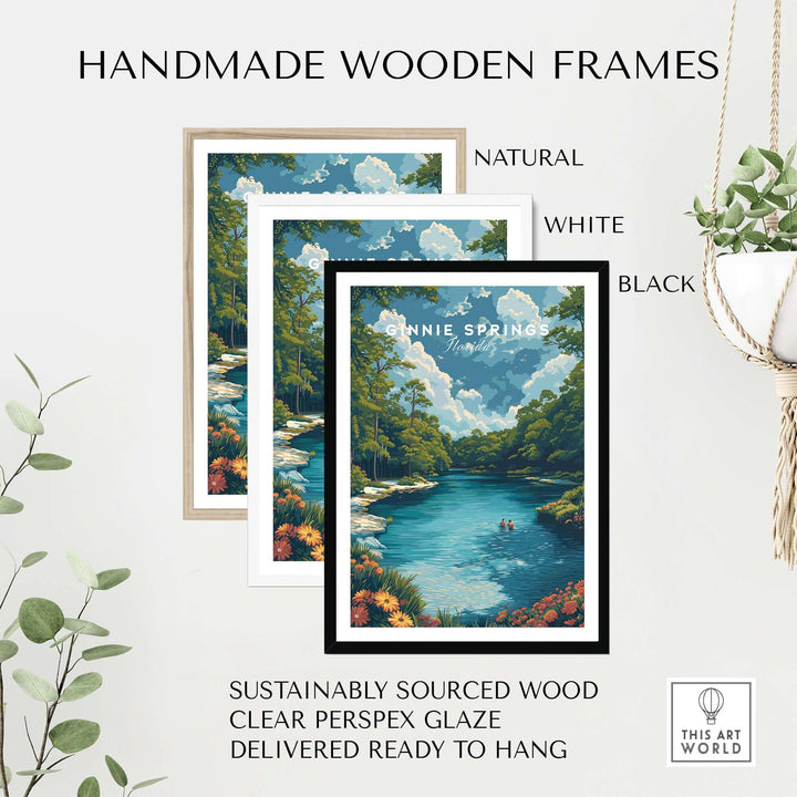 Ginnie Springs Print | Vibrant Florida Wall Decor displayed in handmade wooden frames in natural, white, and black options.