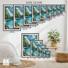 Ginnie Springs Print | Vibrant Florida Wall Decor size guide with various frame dimensions displayed on a wall.