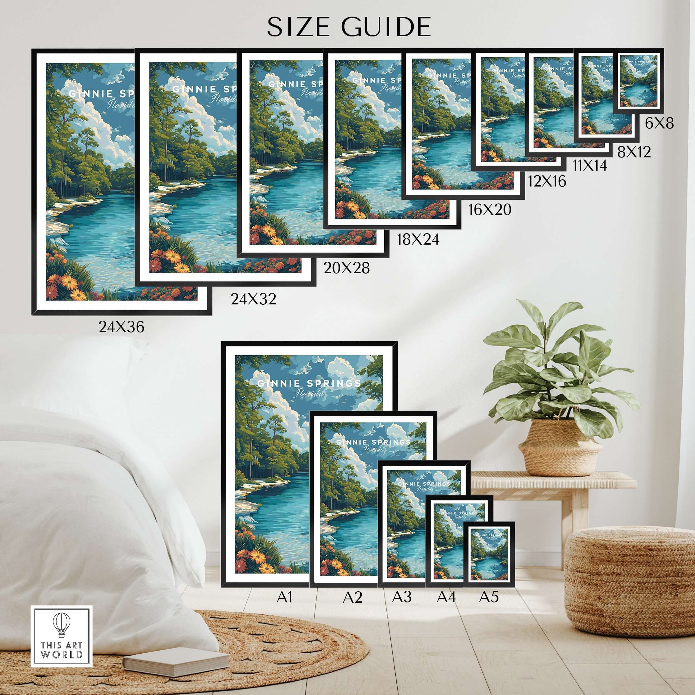 Ginnie Springs Print | Vibrant Florida Wall Decor size guide with various frame dimensions displayed on a wall.