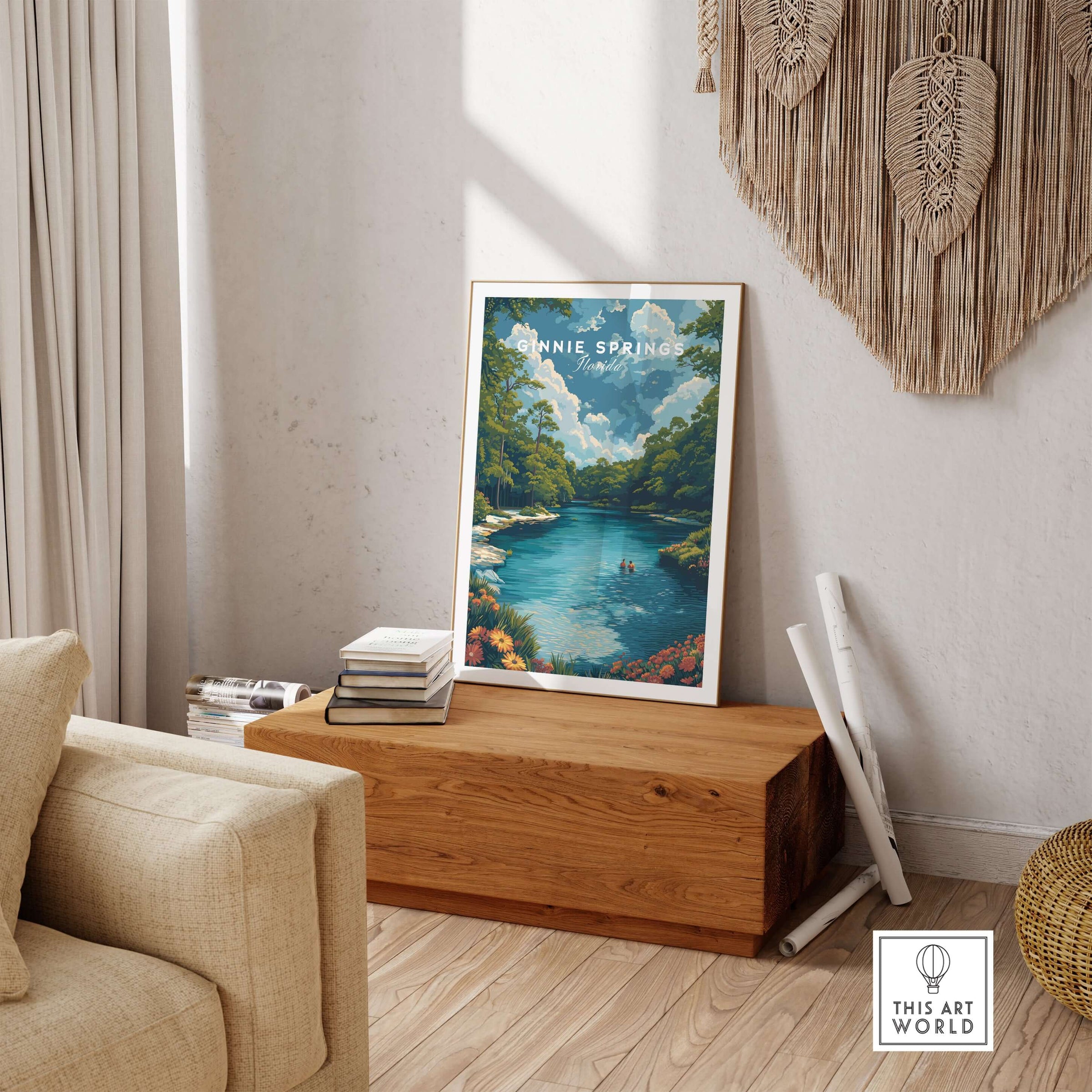 Ginnie Springs Print | Vibrant Florida Wall Decor displayed in a cozy living space with natural elements.