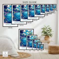 Size guide for Ginnie Springs Florida Underwater Diver Art Print | Snorkelling Cave Poster featuring various frame sizes.