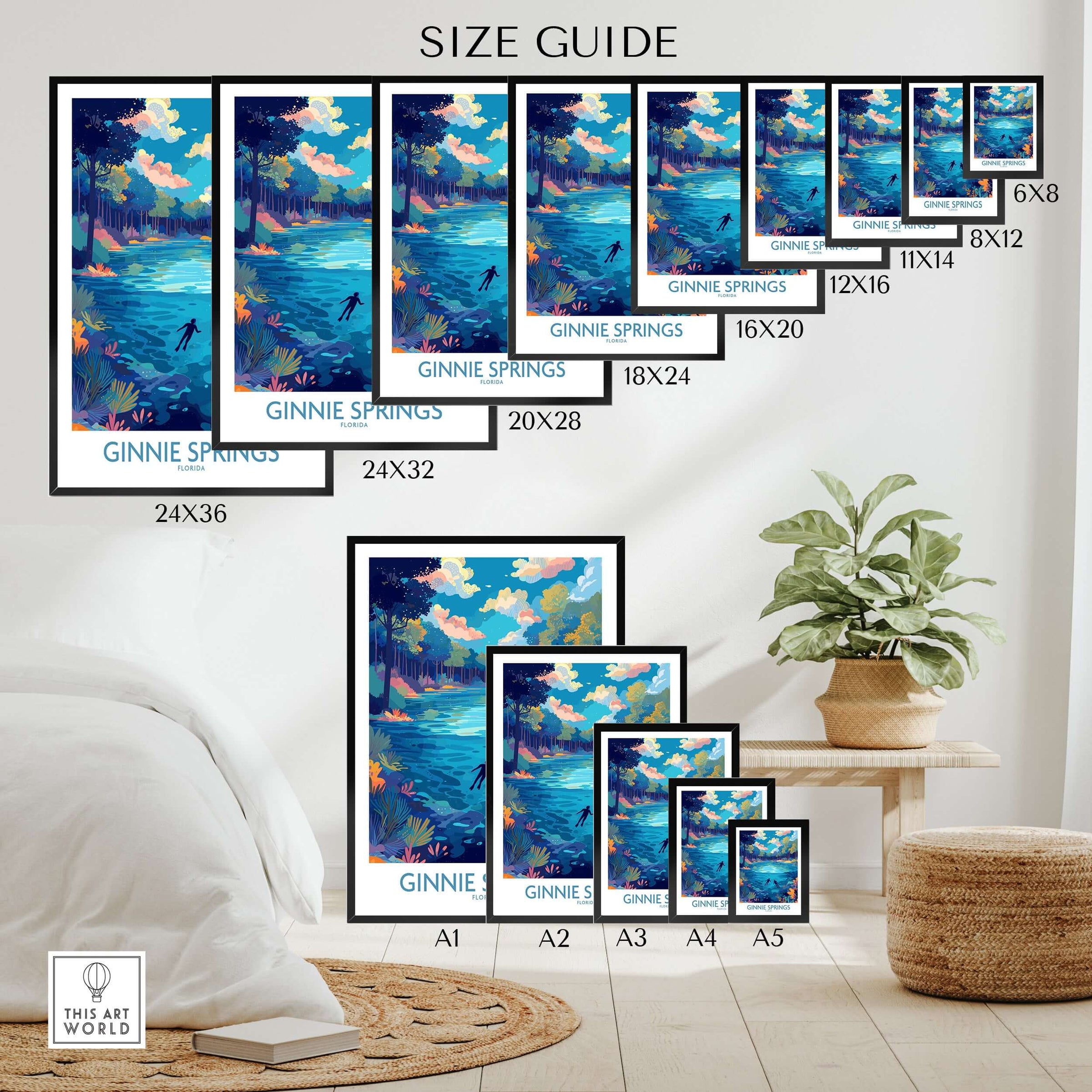 Size guide for Ginnie Springs Florida Underwater Diver Art Print | Snorkelling Cave Poster featuring various frame sizes.