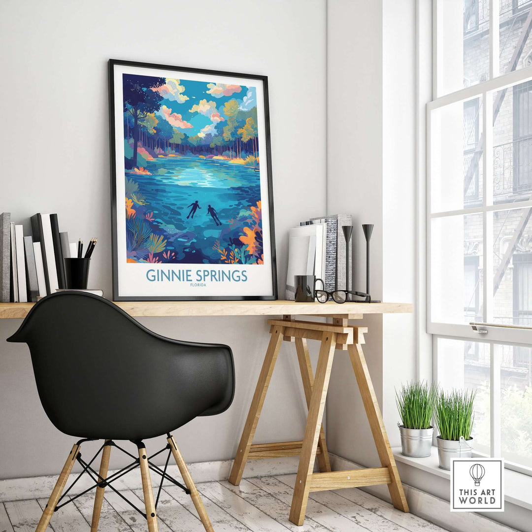 Ginnie Springs Florida Underwater Diver Art Print | Snorkelling Cave Poster displayed in an artistic home office setting.