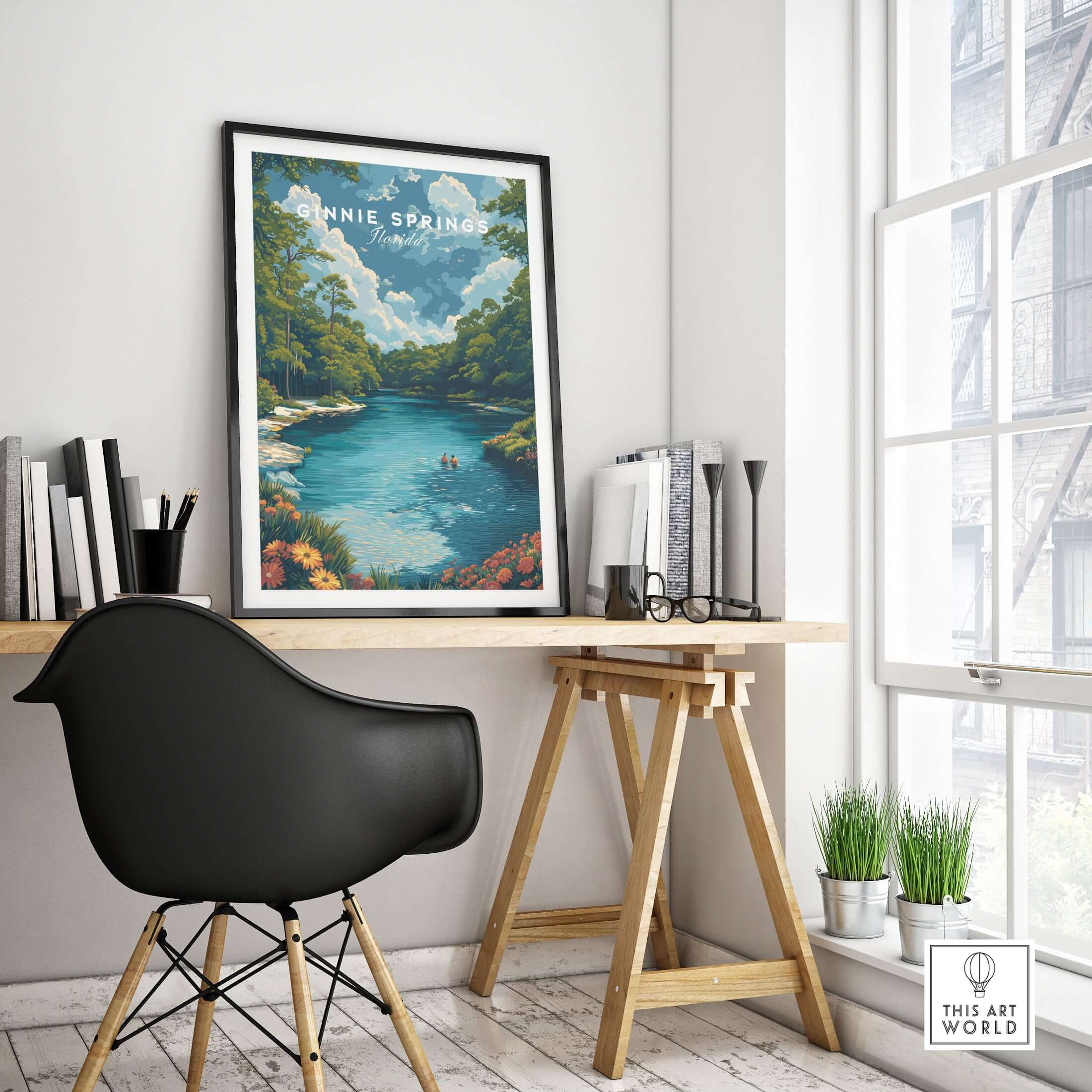 Ginnie Springs Print | Vibrant Florida Wall Decor displayed in a modern office setting.
