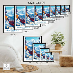 Various sizes of Glacier Express Travel Poster displayed in a stylish interior, showcasing the Swiss Alps and train imagery.