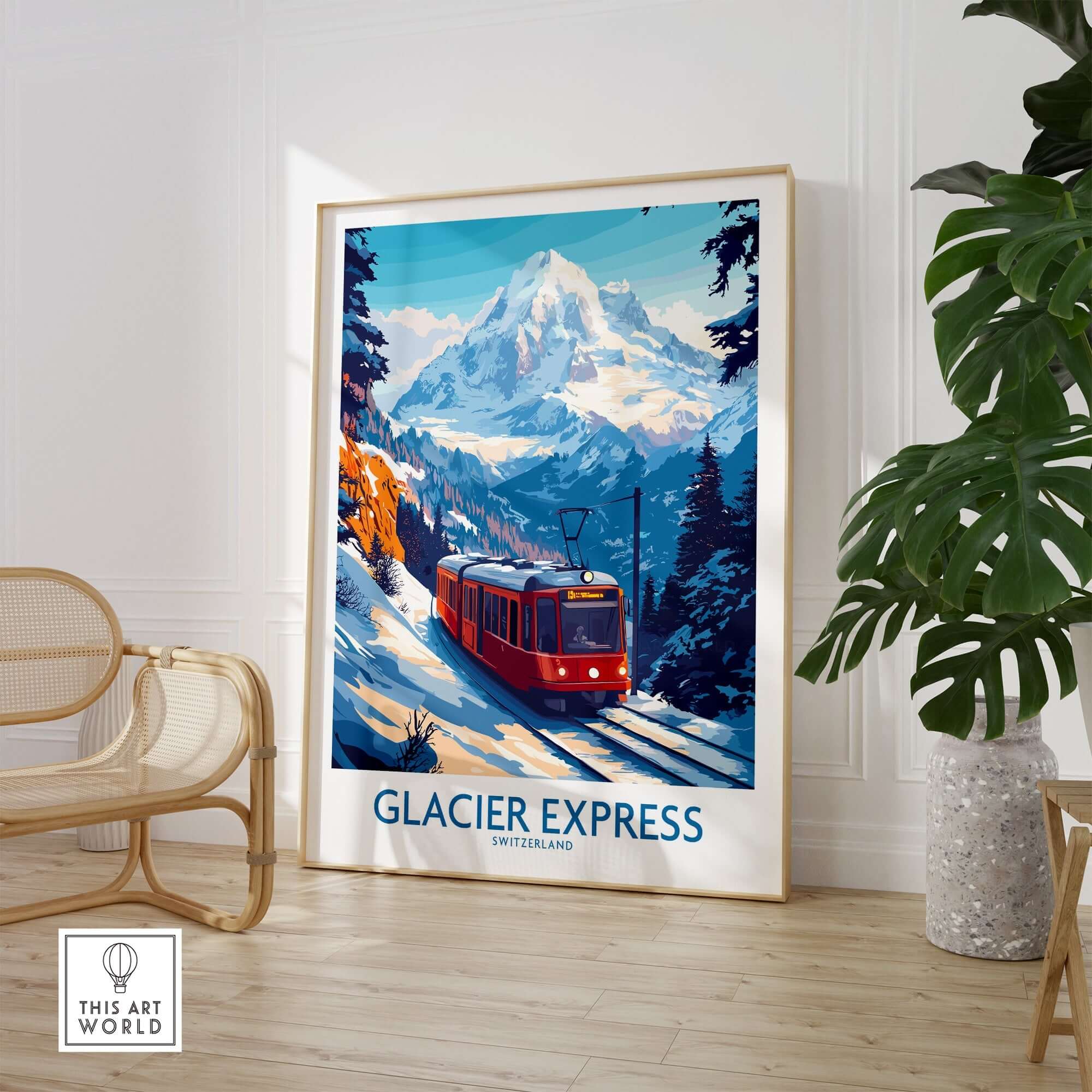 Glacier Express Travel Poster featuring a scenic train ride through the Swiss Alps and snow-capped mountains.
