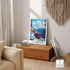 Glacier Express Travel Poster showcasing a scenic train in the Swiss Alps with stunning mountain views.