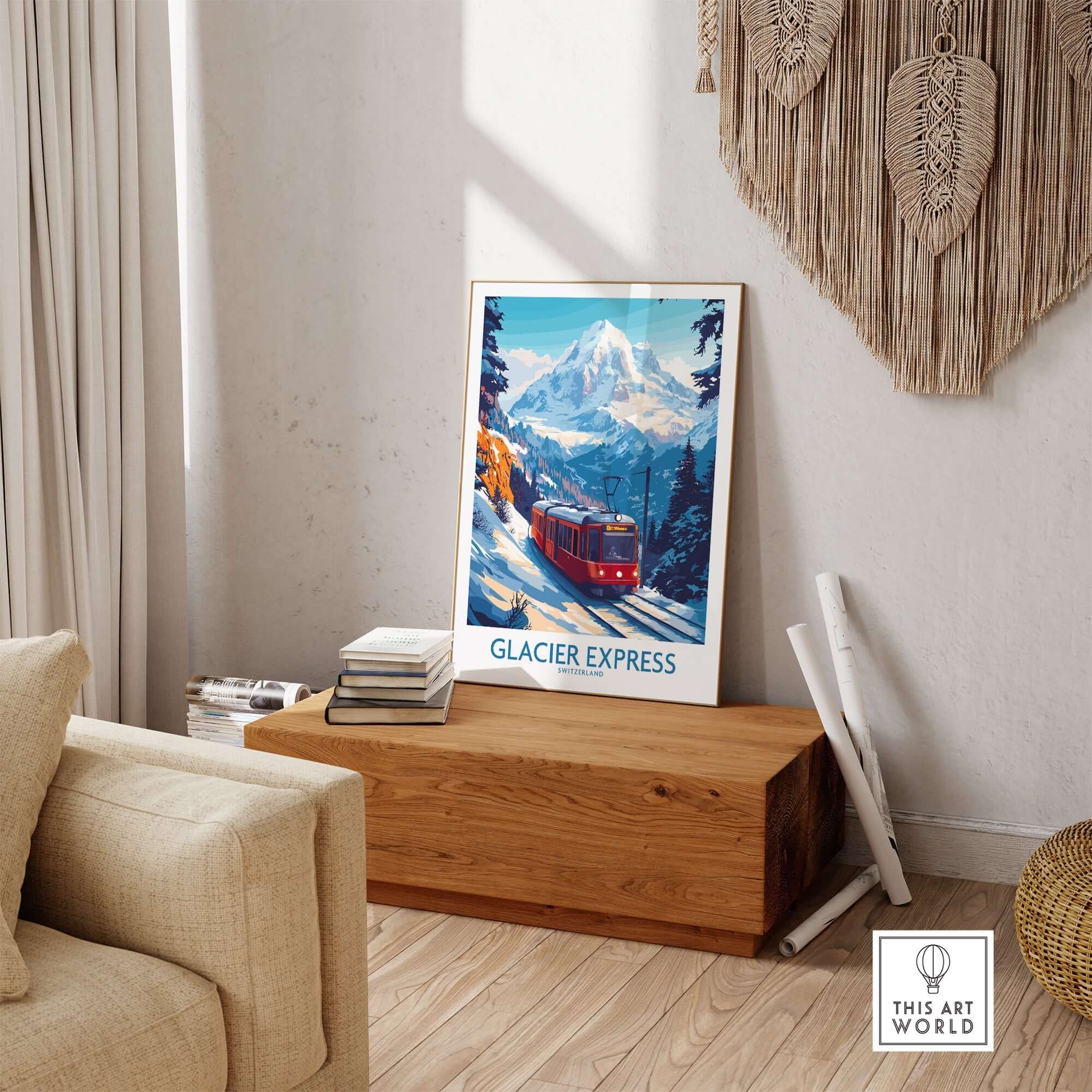 Glacier Express Travel Poster showcasing a scenic train in the Swiss Alps with stunning mountain views.
