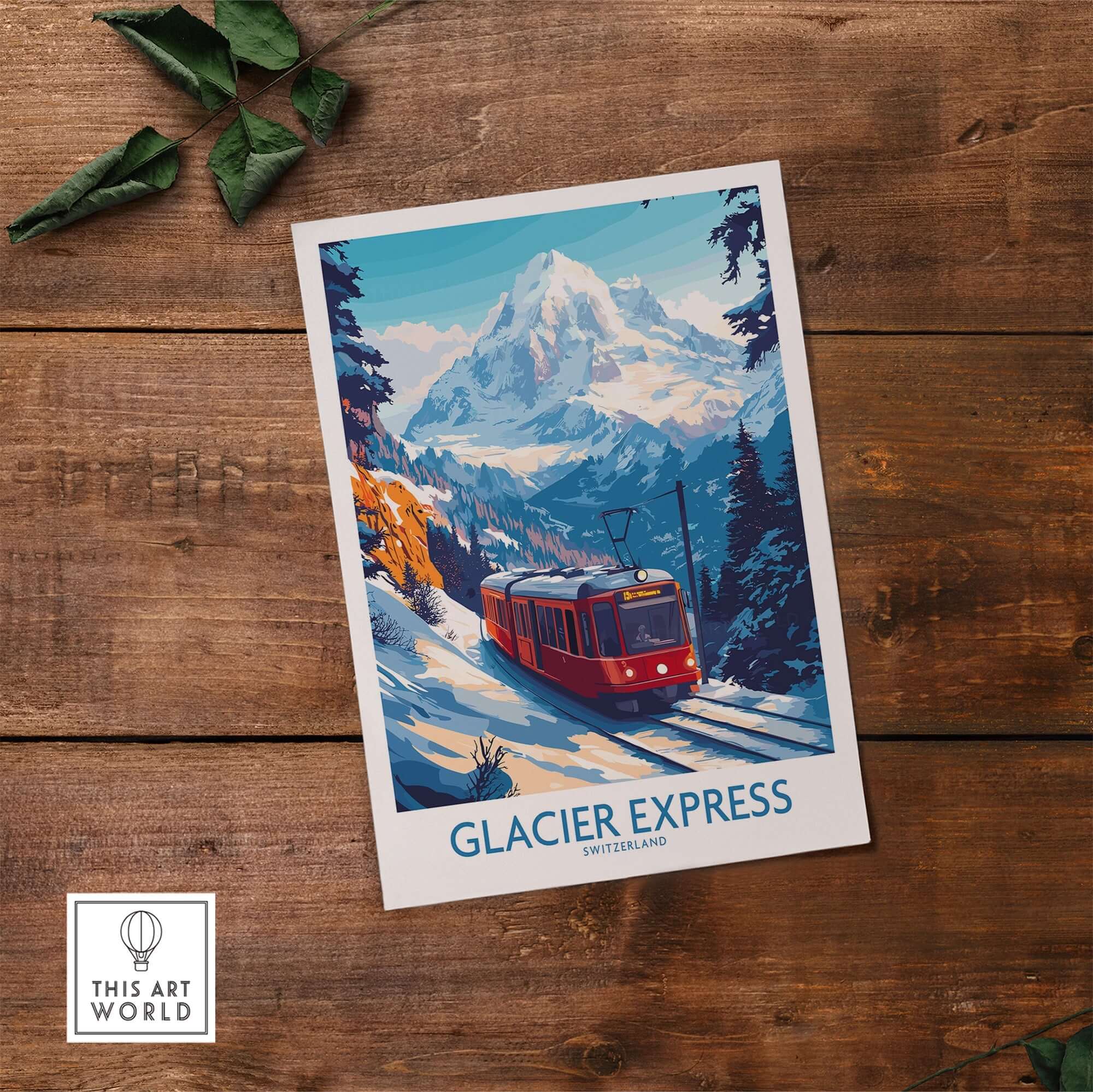 Glacier Express Travel Poster showcasing a scenic train journey through the Swiss Alps with snow-capped mountains.